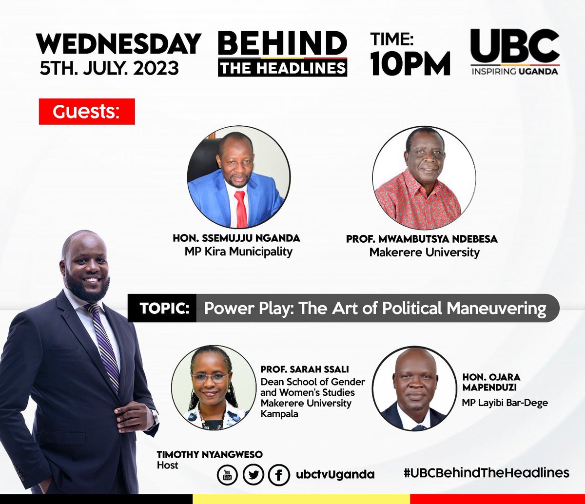 Tonight on @ubctvuganda at 10pm. What is the future of Multiparty politics?
@SemujjuNganda @ndebesa1 @Mapenduzi_Ojara and @Profsarahssali #ubc #BehindtheHeadlines