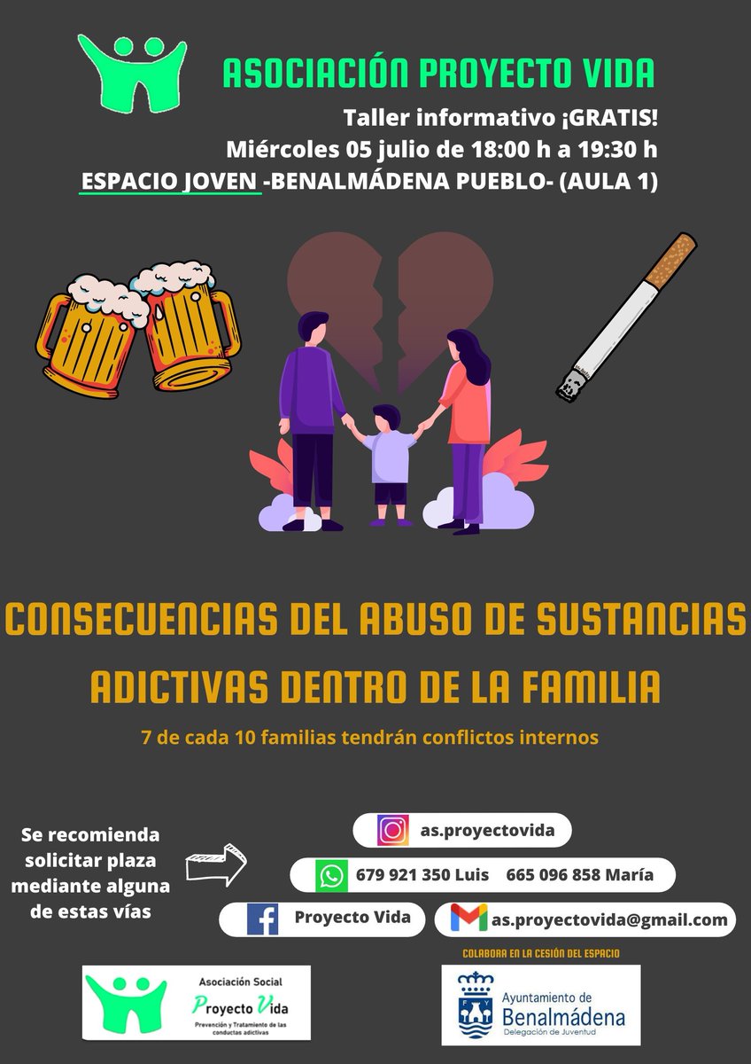 JUVENTUDBENALMA's tweet photo. 4 TALLERES GRATUITOS A CARGO DE ASOC. PROYECTO VIDA:
-2 TALLERES DE PREVENCIÓN DEL ABUSO DE SUSTANCIAS Y CONDUCTAS ADICTIVAS:
- 2 TALLERES USO SALUDABLE DE LAS NUEVAS TECNOLOGÍAS:
En el #EspaciojovendeBenalmadenapueblo y
#ParqueInnova  #verano2023 #JUVENTUDBENALMADENA https://t.co/KBAkjiJqPR