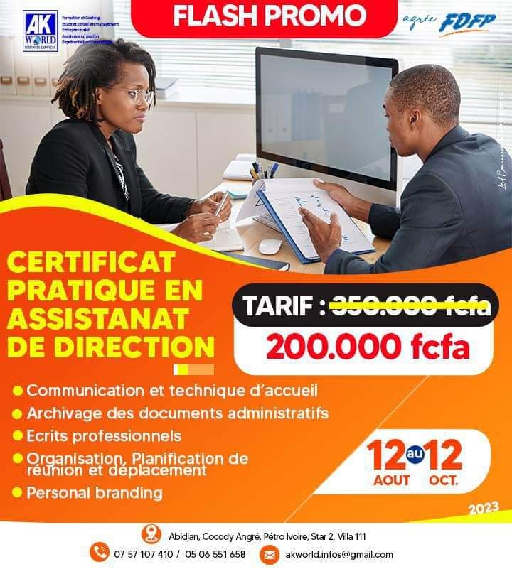 AKWORLD_'s tweet photo. Nous sommes en promotion ! Venez suivre notre formation en certificat pratique en Assistanat de direction afin d'être un leader dans ce domaine.#assistantdirection #Promotion #cotedivoire #etudiants #travail 🥳 https://t.co/KEdSKS5NtO
