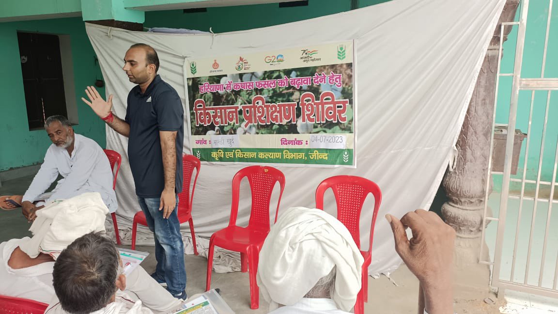 Agriculturehry's tweet photo. जींद ज़िले के मांडी खुर्द गाँव में हरियाणा में कपास फसल को बढ़ावा देने के लिए किसान प्रशिक्षण शिविर का आयोजन किया गया। 

कपास को लेकर चल रहे गहन प्रशिक्षण तथा नियमित सर्वेक्षण के कारण इस बार जींद ज़िले में गुलाबी सूण्डी व सफ़ेद मक्खी का प्रकोप नदारद है। https://t.co/DKnmUY2Y4v