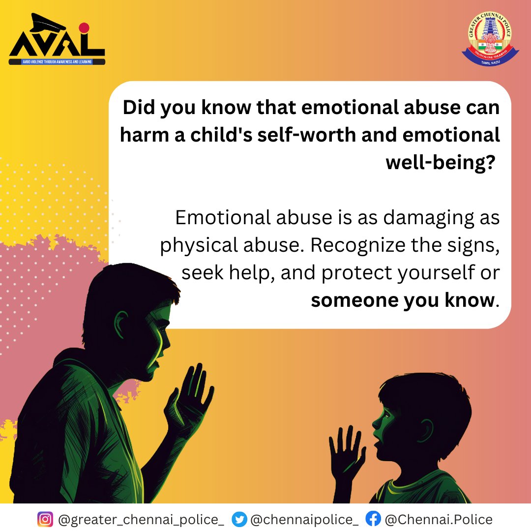 chennaipolice_'s tweet image. Young children may be overly affectionate or exhibit aggressive behavior, while older children struggle to control emotions, lack social skills, and isolate from their parents. Recognize the signs of emotional abuse and seek help to break the cycle.

#lAbuse #ChildMentalHealth