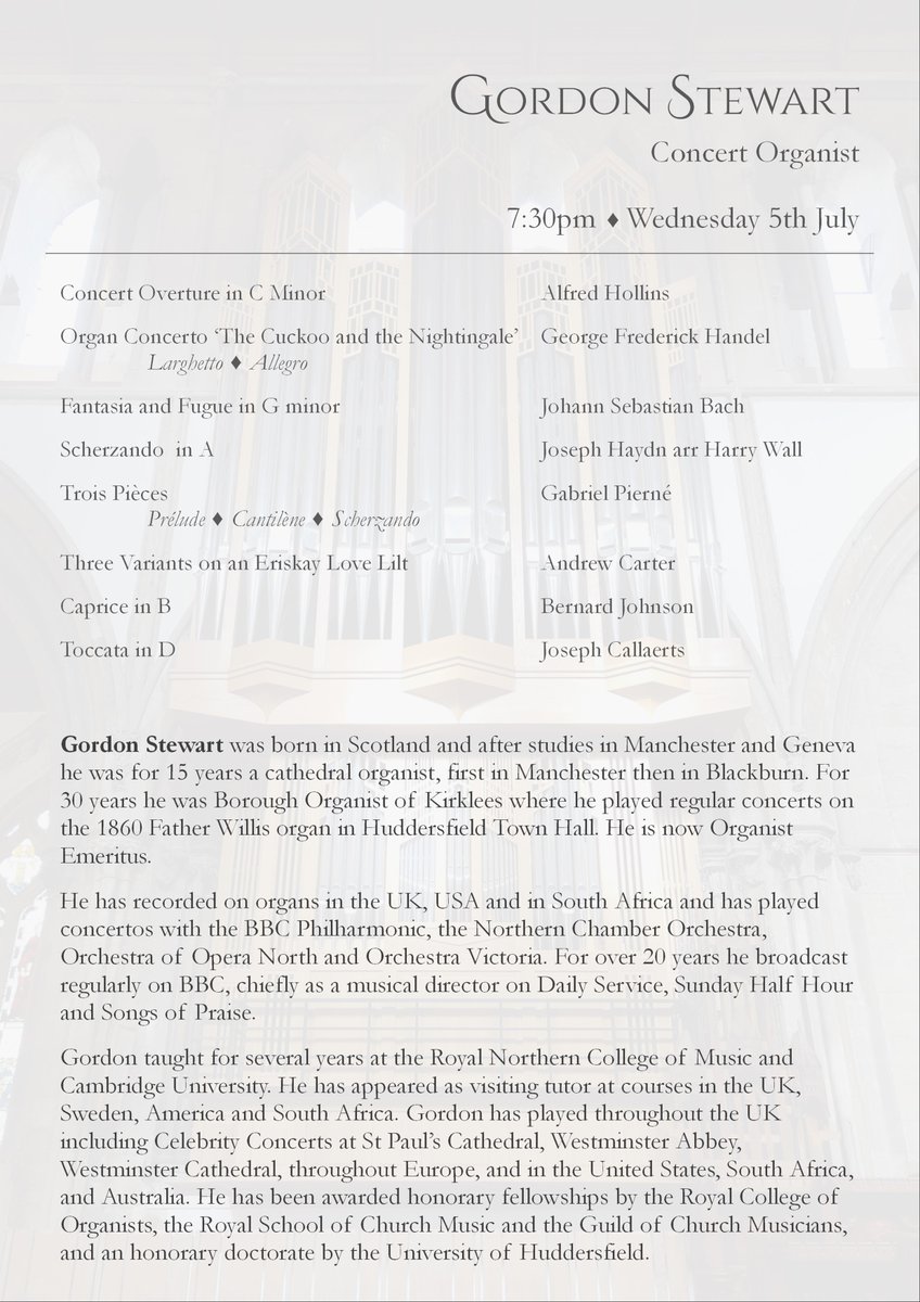 Today at 7.30pm we welcome internationally renowned concert organist Gordon Stewart to give a recital on our @nicholsonorgans instrument here @LlandaffCath as part of @LlandafFestival. After the recital stay for a drink before Late Night Jazz in the Lady Chapel!