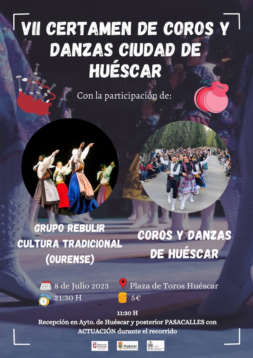 Propuesta cultural para recibir el finde:

VII Certamen de Coros y Danzas 'Ciudad de Huéscar’.
Sábado, 8 de Julio | 21:30h.
Plaza de Toros.

Venta de entradas:
entradium.com
Oficina de Turismo de Huéscar