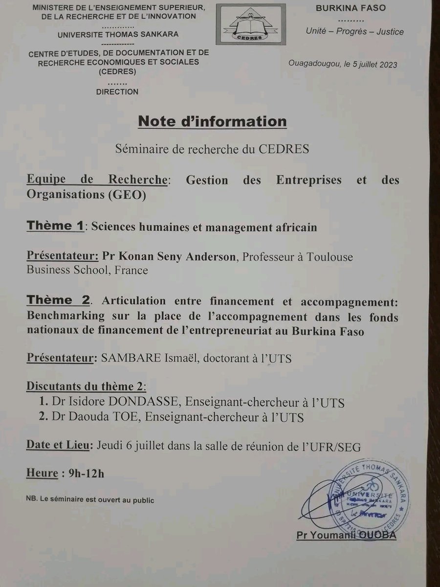 souleyman_amine's tweet photo. #Annonce
Séminaire du CEDRES ce jeudi 6 juillet à 9h, exceptionnellement.
Nous recevrons #Pr ANDERSON de Toulouse et SAMBARA Ismaël, doctorant en gestion à l'UTS
Le dit séminaire est ouvert au public. https://t.co/ajSQX0NWZV