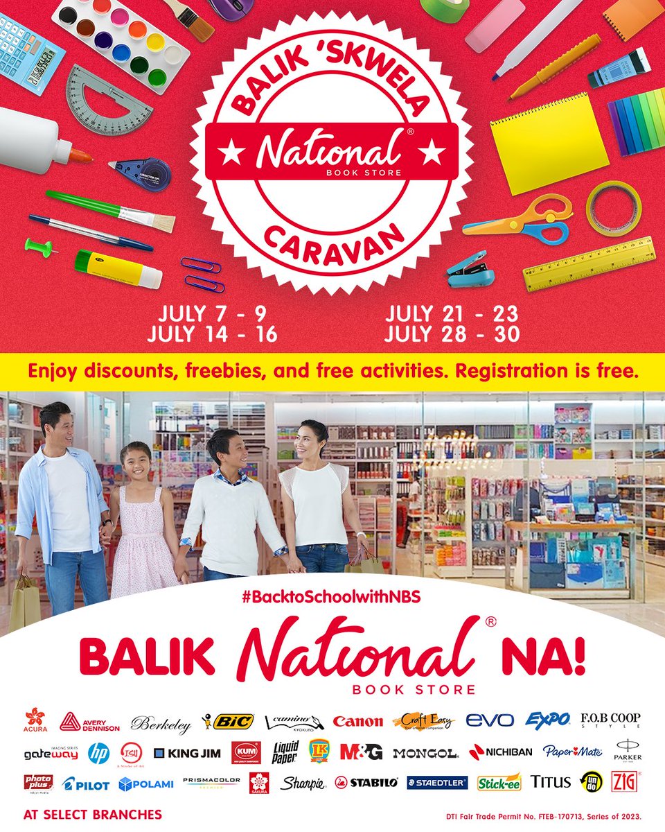 It's time to go #BackToSchoolWithNBS! ❤ Join the #NationalBookStore BACK TO SCHOOL CARAVAN, starting with Week 1 this July 7 - 9!

FREE ADMISSION! ‼ RSVP now: bit.ly/nbsbtscw1 ‼

#BackToSchool #SulitSayaSkwela #BalikNBSna