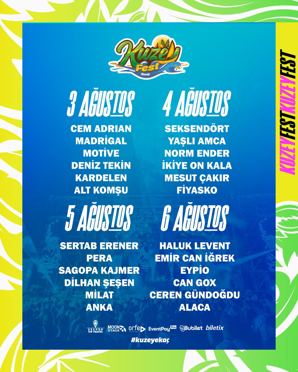 Bu yaz Kuzey'e kaçmaya hazır mısın? 😎 3-4-5-6 Ağustos'ta Sinop Akliman Sahil'de kızgın kumlardan soğuk sulara atladığımız yazın en iyi festivali için hemen bilet al! 🎟️

Biletler MoonStage uygulamasında, biletix ve bubilet'te seni bekliyor.