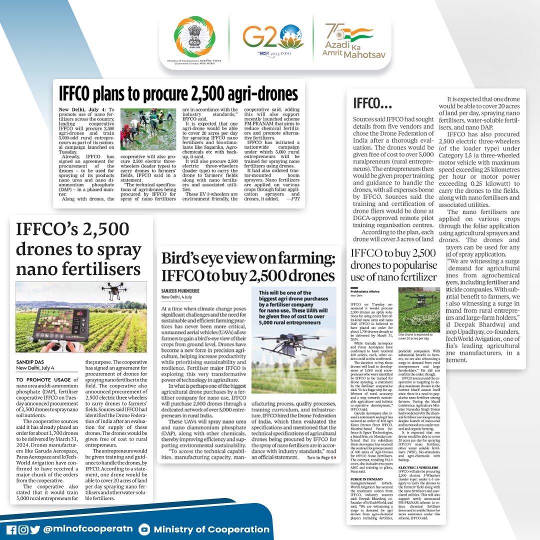 MinOfCooperatn's tweet image. IFFCO, which is the Largest Fertilizer Cooperative in India, plans to Procure 2,500 #AgriDrones. It will play a prominent role in the #development of the Indian #agriculture Sector.

#EmpoweringCooperatives #agriculture #agritechprogress
@IFFCO_PR
@AmitShahOffice
@Dileep_Sanghani