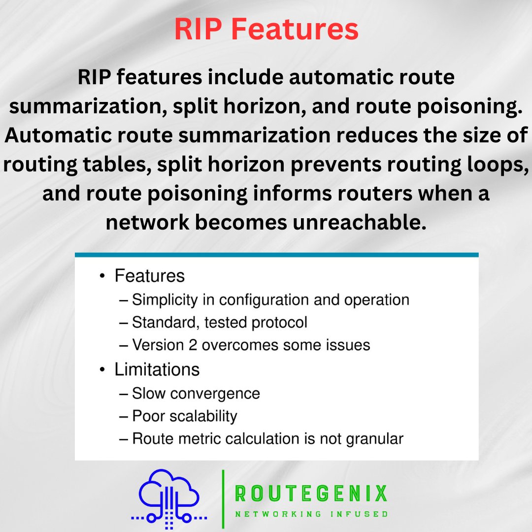 RouteGenix's tweet photo. RIP Features 

#routegenix #rg_dailytech #rip #routing #cisco #ccna #cisconetworking #ccnp #ccnpencor #ccie #ciscocertification #network #newtech #networkadmin #cisconetworkingacademy #networkcourse #informationtechnology #itcertification #computernetwork https://t.co/eobG94xNEX