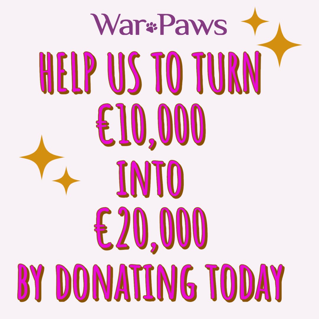 An incredible donor has offered us a matchfunding challenge to turn €10,000 into €20,0000!  We have to the end of July to raise €10,000 (£8500 or $10800) so please donate today and please share!
warpaws.org/donations/summ…