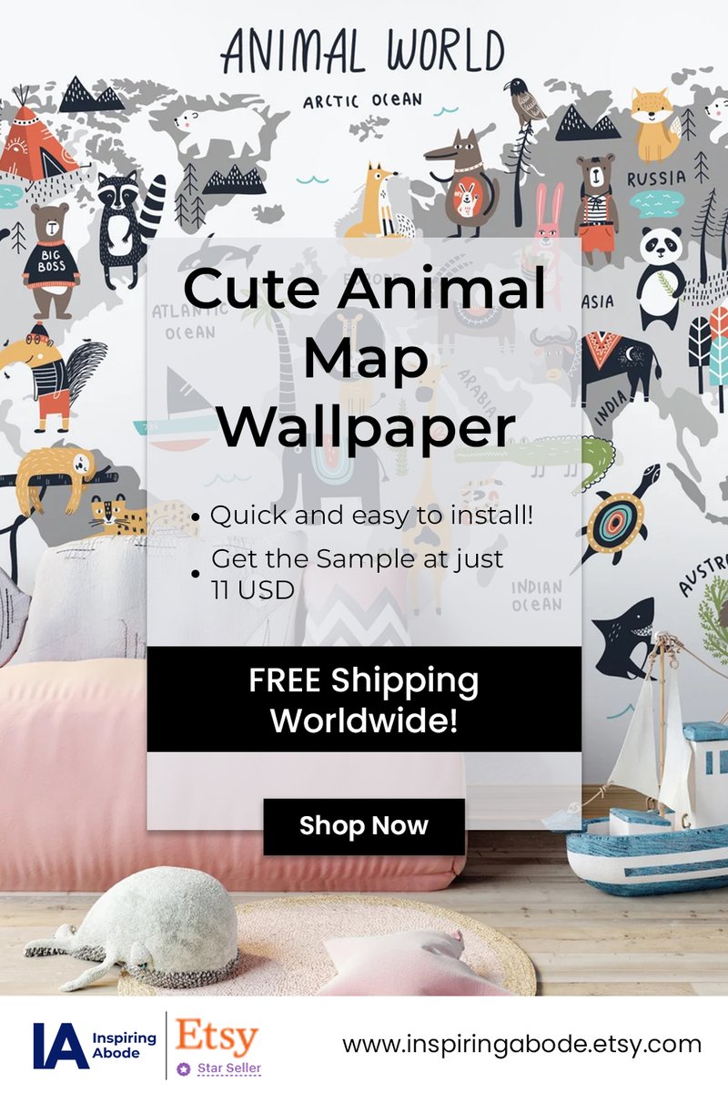 Introduce your little ones to the wonders of our planet with our Cute Animal World Map Wallpaper. 🌍🐾 Watch as they learn about continents, oceans, and animals in a fun and engaging way. #WorldMapWallpaper #KidsNursery #PlayroomDecor #WallpaperLove #KidsPlayroom #DesignForKids