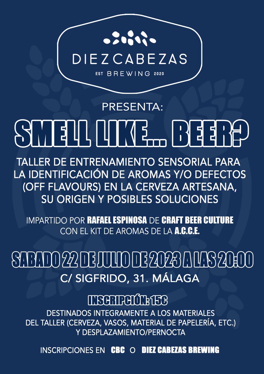 Lo prometido es deuda!!!

Seguimos con los talleres #SmellLikeBeer con el #KitDeAromas de la <a href="/ACCE_Cerveceros/">ACCE</a> 

El día 22 nos vamos a Málaga!! 

Gracias a #DiezCabezasBrewing por ofrecernos desinteresadamente el espacio para dar el taller!!!

Seguimos #CraftBelievers !!!
