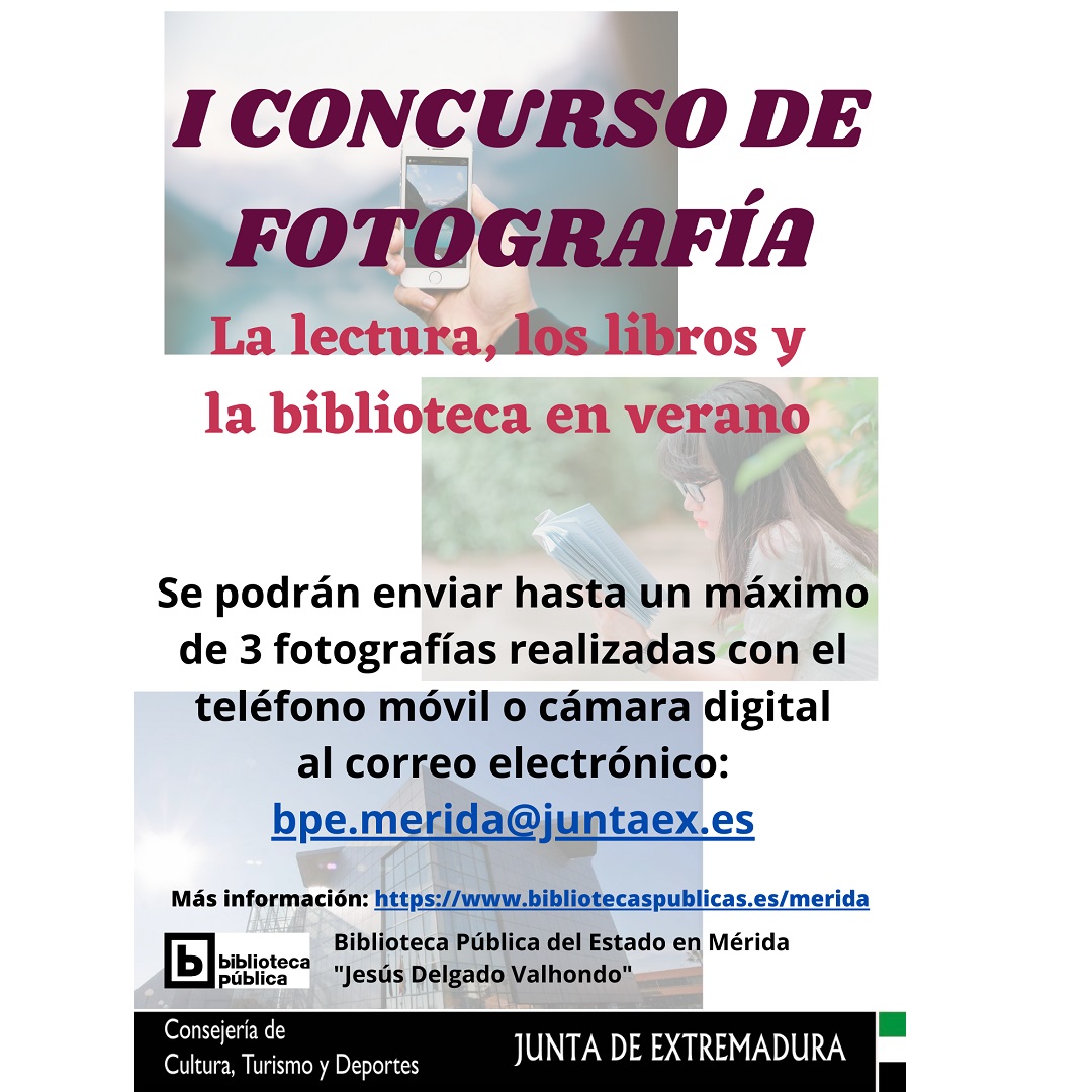 BiblioMerida's tweet photo. 📷📚 I Concurso de fotografía
Os animamos a participar presentando fotografías en torno a la lectura, libros y la biblioteca en verano
Destinado para todos los públicos, sin límite de edad, tanto profesionales como aficionados
👍https://t.co/CQs7nWQsZH https://t.co/ay6JQxt5QQ