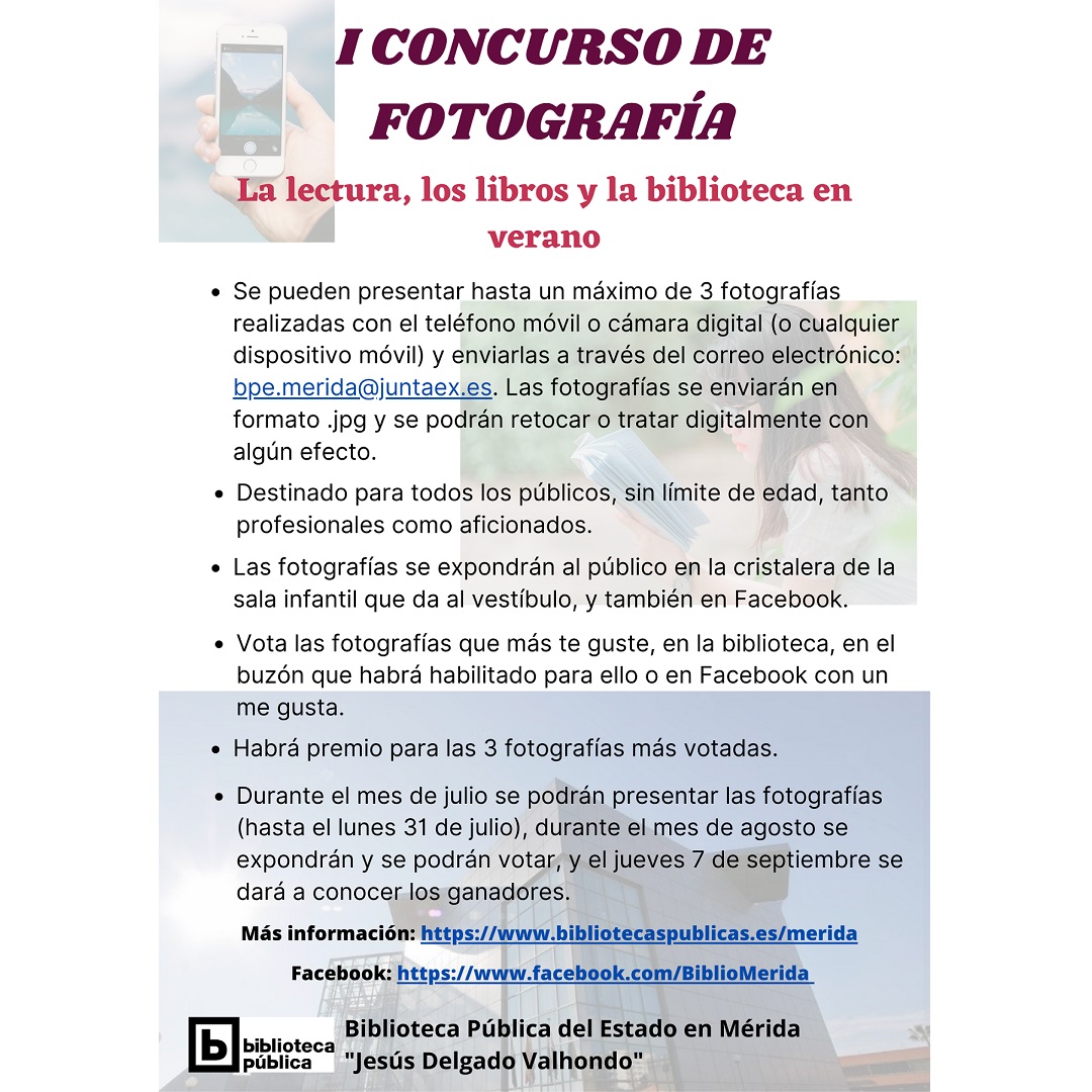 BiblioMerida's tweet photo. 📷📚 I Concurso de fotografía
Os animamos a participar presentando fotografías en torno a la lectura, libros y la biblioteca en verano
Destinado para todos los públicos, sin límite de edad, tanto profesionales como aficionados
👍https://t.co/CQs7nWQsZH https://t.co/ay6JQxt5QQ