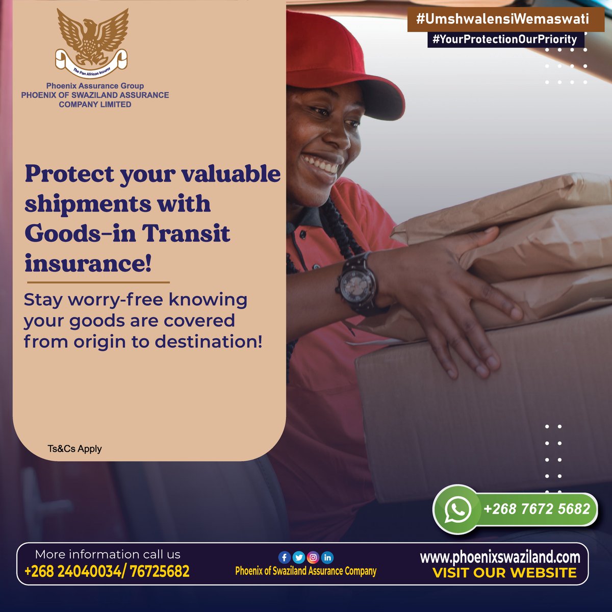 PhoenixSwazila1's tweet image. Protect your valuable shipments with Goods-in Transit insurance! Stay worry-free knowing your goods are covered from origin to destination. #Insurance #GoodsInTransit

Talk to us today - WhatsApp: +268 7672 5682 - Call: +268 2404 0034 #UmshwalensiWemaswati #PhoenixOfSwaziland