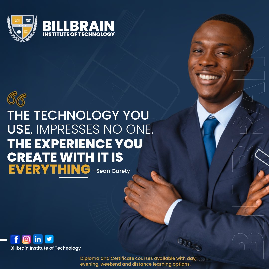 BIT_InstituteUg's tweet photo. Sean Garety once said "The technology you use impresses no one. The experience you create with it is everything.
With the technological skills earned so far, have you managed to create something worthwhile? Share it with us in the comments. #BillbrainInstituteofTechnology https://t.co/AR01B3SPGr