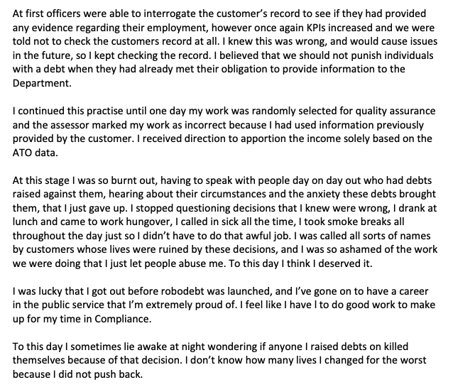 chrisrudge's tweet photo. Dozens and dozens of submissions from Centrelink staff to the #robodebtrc have been published today. They may be summarised thus: 'we knew; we spoke up; we were ignored.' Names are named (albeit redacted) and details are detailed. https://t.co/PhPXwwyBNX Eg: https://t.co/4pJN6IOwWA