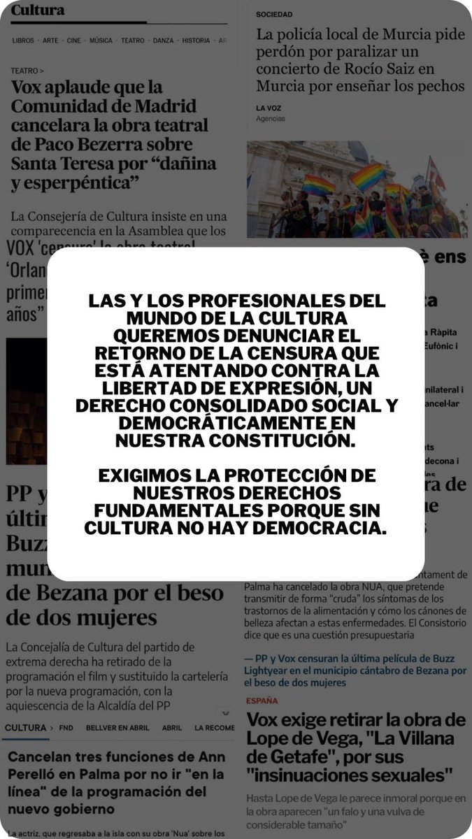 Me sumo a la denuncia de los profesionales de la #cultura que denuncian el retorno de la censura que atenta contra la libertad de expresión, un derecho recogido en nuestra Constitución.

Exigimos la protección de nuestros derechos fundamentales, sin CULTURA no hay democracia.