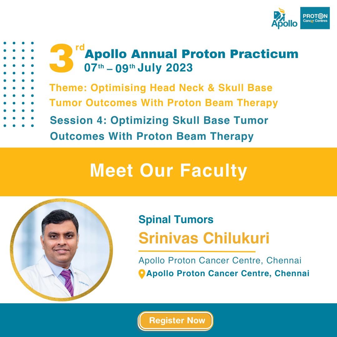 ApolloProton's tweet photo. Join Srinivas Chilukuri at the 3rd Apollo Annual Proton Practicum as he discusses about Spinal Tumors.
Register here: https://t.co/5y3ufYtufM
@preethareddy28
@drashuabhishek
@UdayKrishna_Dr
@DrSrinivas_C
@NangiaSapna
#WinningOverCancer #ProtonPracticum https://t.co/it3M2LDV2x