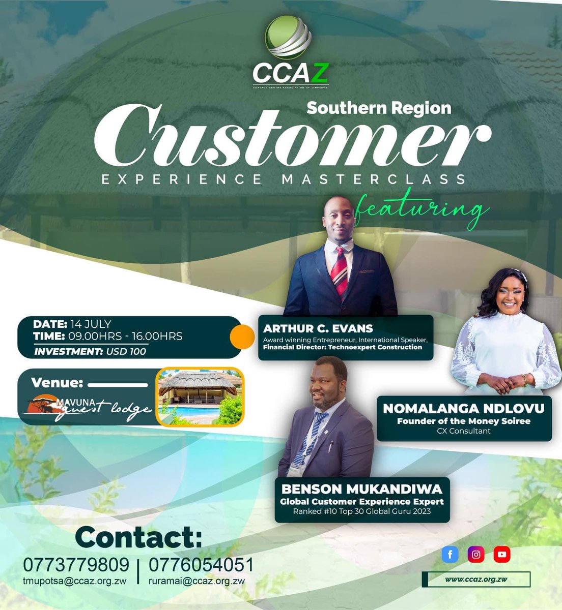 CCAZ2's tweet image. Have you made your reservation to attend the Customer Experience Masterclass? Contact Ruramai on 0776054051 /ruramai@ccaz.org.zw 
#customerexperience 
#southernregion
#ccaz
