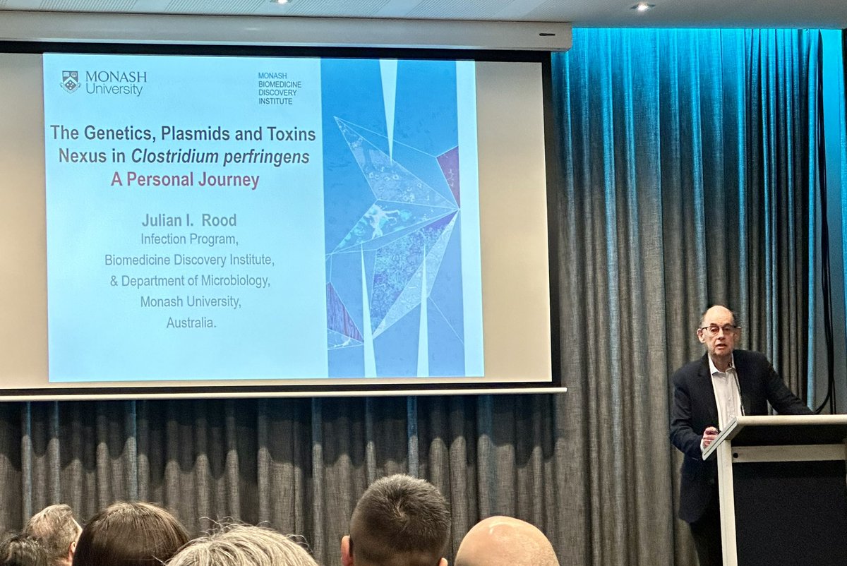 neil_gow's tweet image. Julian Rood’s “Sydney Rubbo”lecture walks the @AUSSOCMIC audience through the history of Clostridium perfringens molecular genetics and the dissection of the mol biol of conjugation plasmids and toxin biology. #2023asm. From the origins to the front line of molecular genetics.