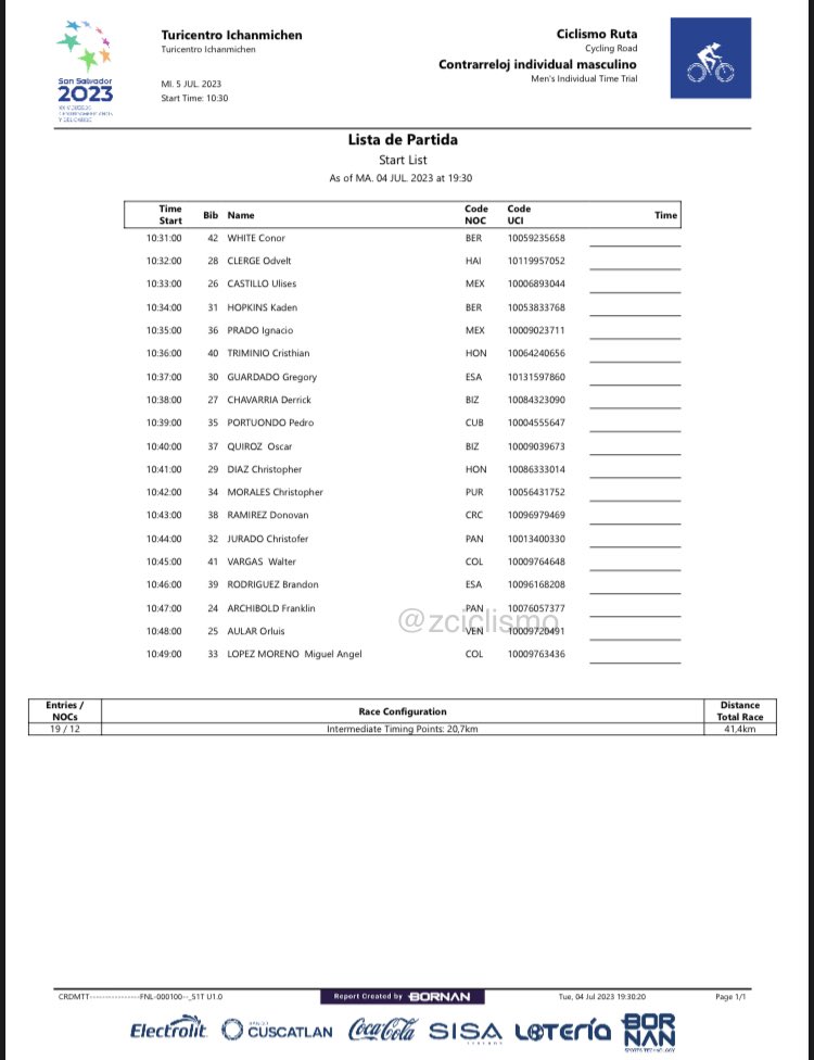 #zciclismo Start List de la Ruta Contrarreloj Individual de los Juegos Centroamericanos y del Caribe #sansalvador2023 

WE: 
13 corredoras 
8 naciones 

ME:
19 corredores 
12 naciones 

#ciciismo #cicve #ruedalo