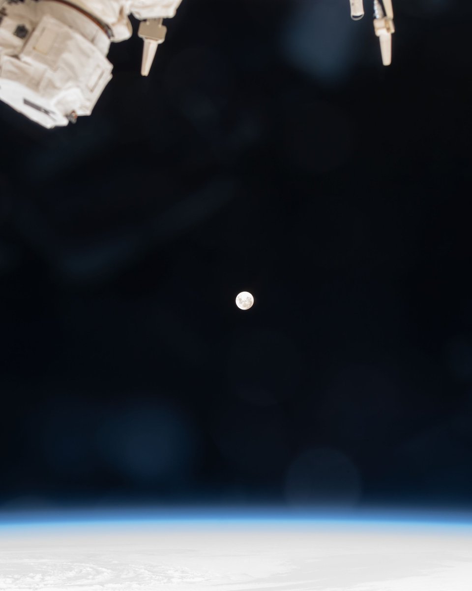 Astro_Alneyadi's tweet photo. Gazing at the full Moon from the ISS. 🌑

Even though we are up here in space, we are still quite the distance away from the Moon.
We are at an altitude of around 400 km from Earth while the average distance between Earth and the Moon is around 384,000 km. https://t.co/EYRdZrIpwi