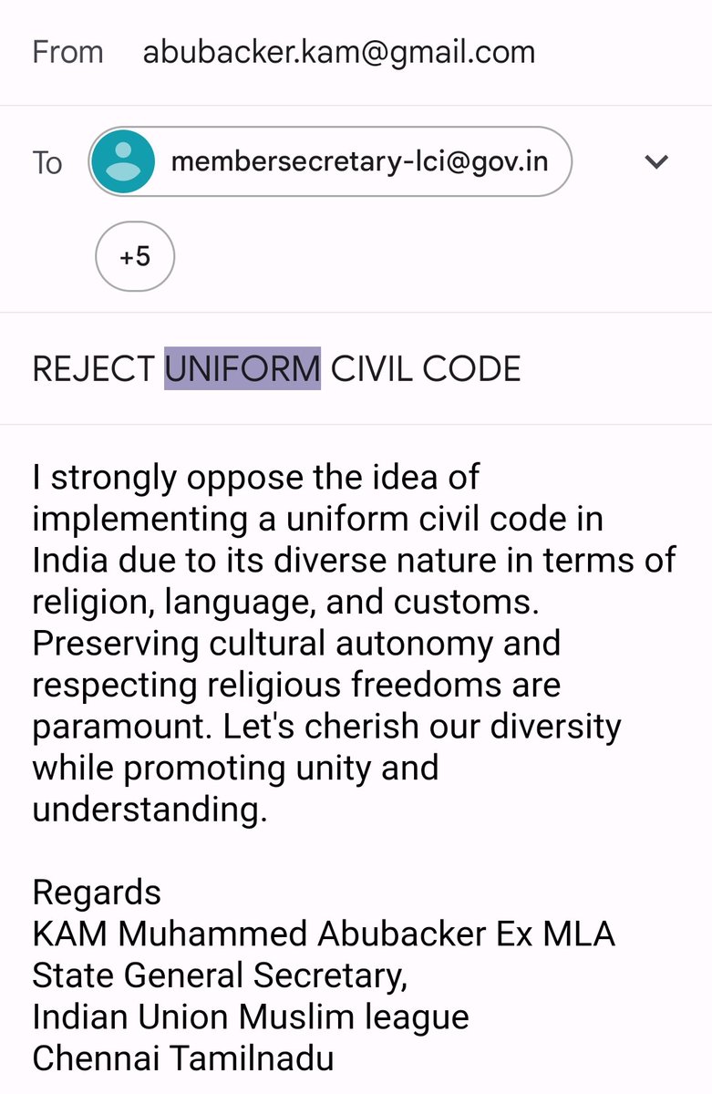 AbubackerIUML's tweet image. STRONGLY OPPOSE UNIFORM CIVIL CODE

நாட்டின் இறையான்மை, நல்லிணக்கம், பன்முகத் தன்மையை நிலை நிறுத்துவோம்!

சரீரத்தை கொடுத்தும்,ஷரிஅத் சட்டத்தை காப்போம்!!

-K.A.M.முஹம்மது அபூபக்கர் Ex MLA
மாநில பொதுச்செயலாளர்,
இந்திய யூனியன் முஸ்லிம் லீக்