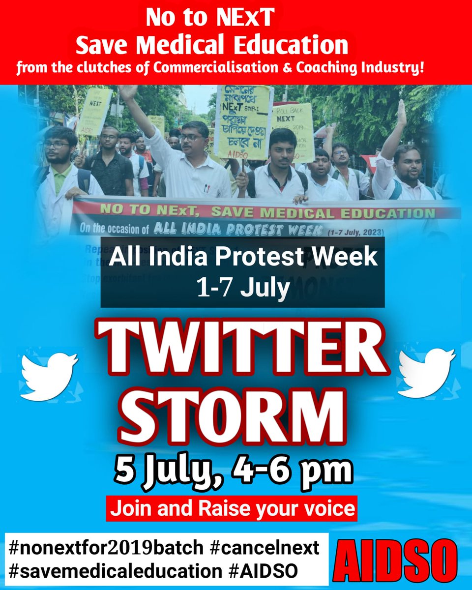 Say no to #NEXT

Resist NExT - save medical education

#nonextfor2019batch
#cancelnext
#savemedicaleducation
#AIDSO

<a href="/NMC_IND/">National Medical Commission</a>
<a href="/medicaldialogs/">Medical Dialogues</a> <a href="/MoHFW_INDIA/">Ministry of Health</a> <a href="/PMOIndia/">PMO India</a>