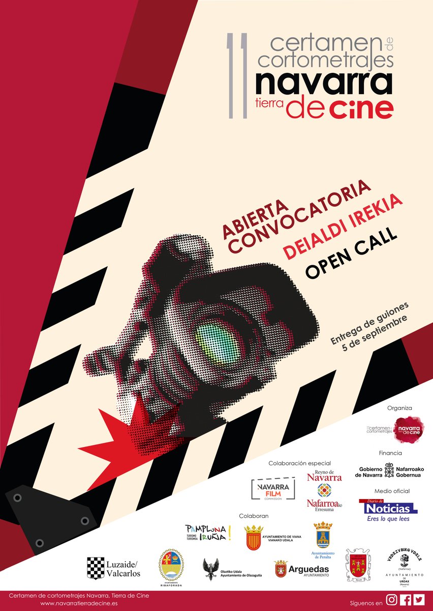 📢Abierta convocatoria!

🎥Navarra, Tierra de Cine lanza su edición 2023 para rodar 10 cortos en otoño

📍Localizaciones: Viana, Pamplona, Peralta, Allo, Olazti/Olazagutia, Ribaforada, Luzaide/Valcarlos, Urdax y Arguedas

📌Envío de guiones: 5 septiembre

shorturl.at/jtH25