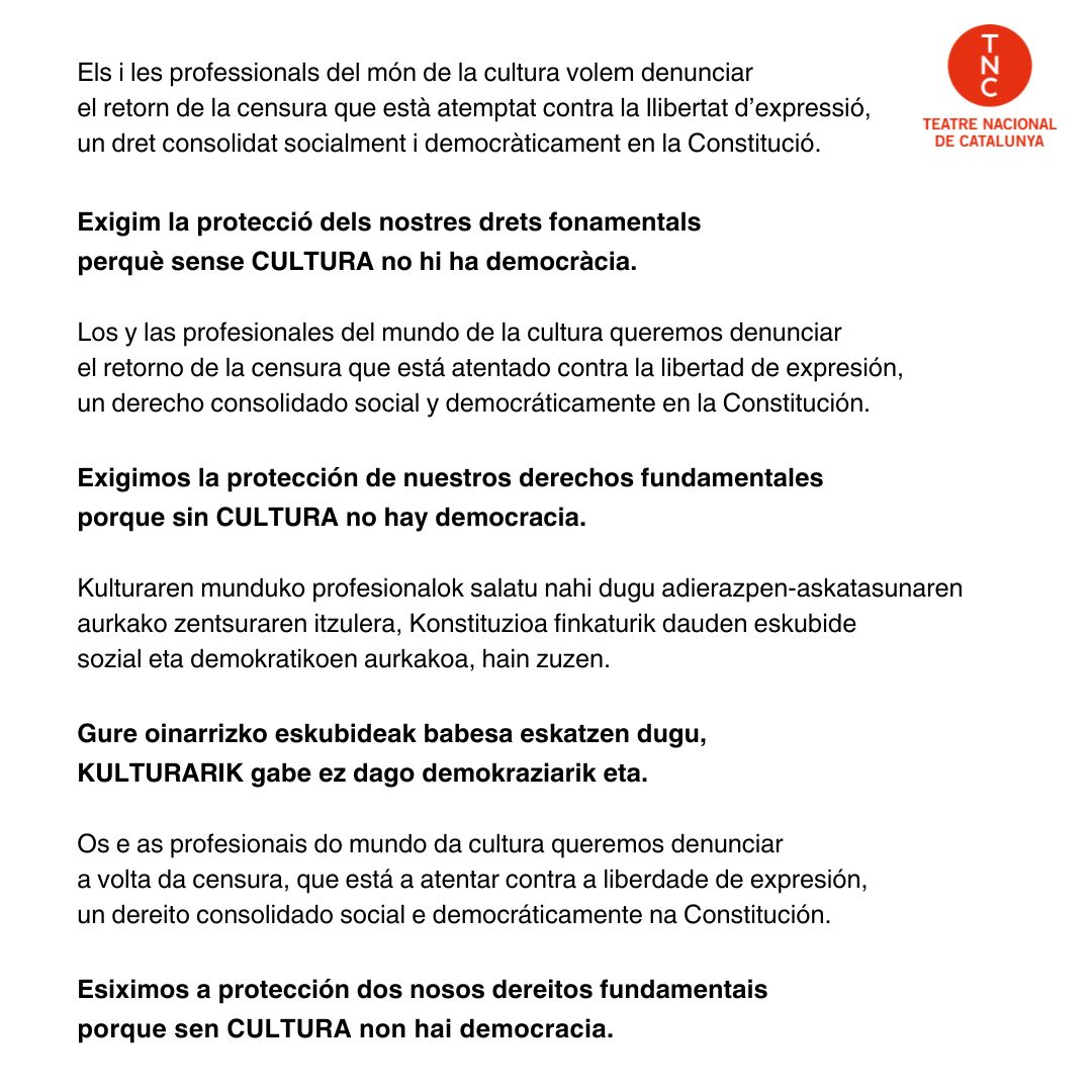 ❌ SENSE CULTURA NO HI HA DEMOCRÀCIA.

Els i les professionals del món de la cultura volem denunciar el retorn de la censura que està atemptat contra la llibertat d’expressió, un dret consolidat socialment i democràticament en la Constitució.

#CulturaSenseCensura
#StopCensura