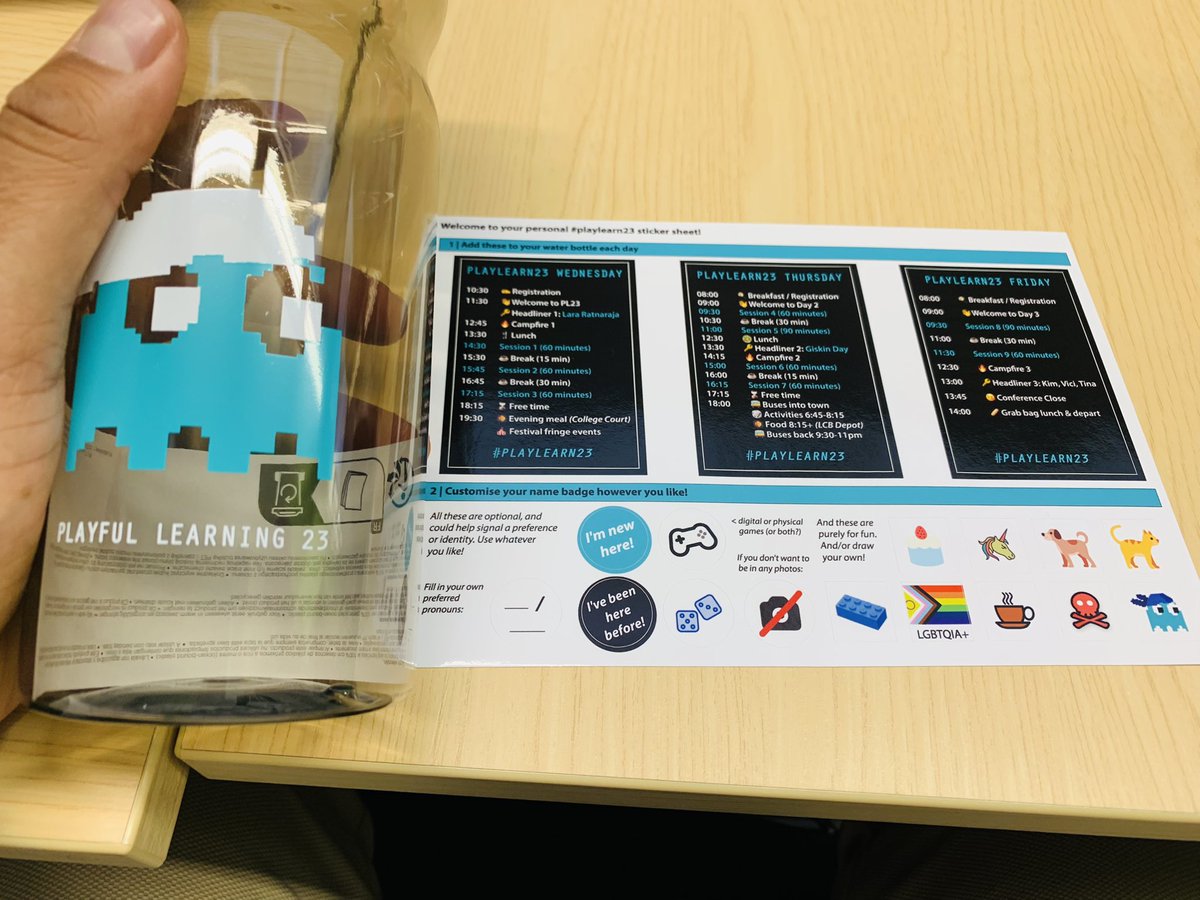 LauAnshul's tweet photo. Just started #PlayLearn23 with an energising welcome talk! Received some cool swag - a water bottle and stickers for my badge - and got two exciting challenges to conquer. Let the games begin! #ConferenceSwag #ReadyForChallenges @playlearnconf  #PlayfulLearning https://t.co/C6fpW5FRyM