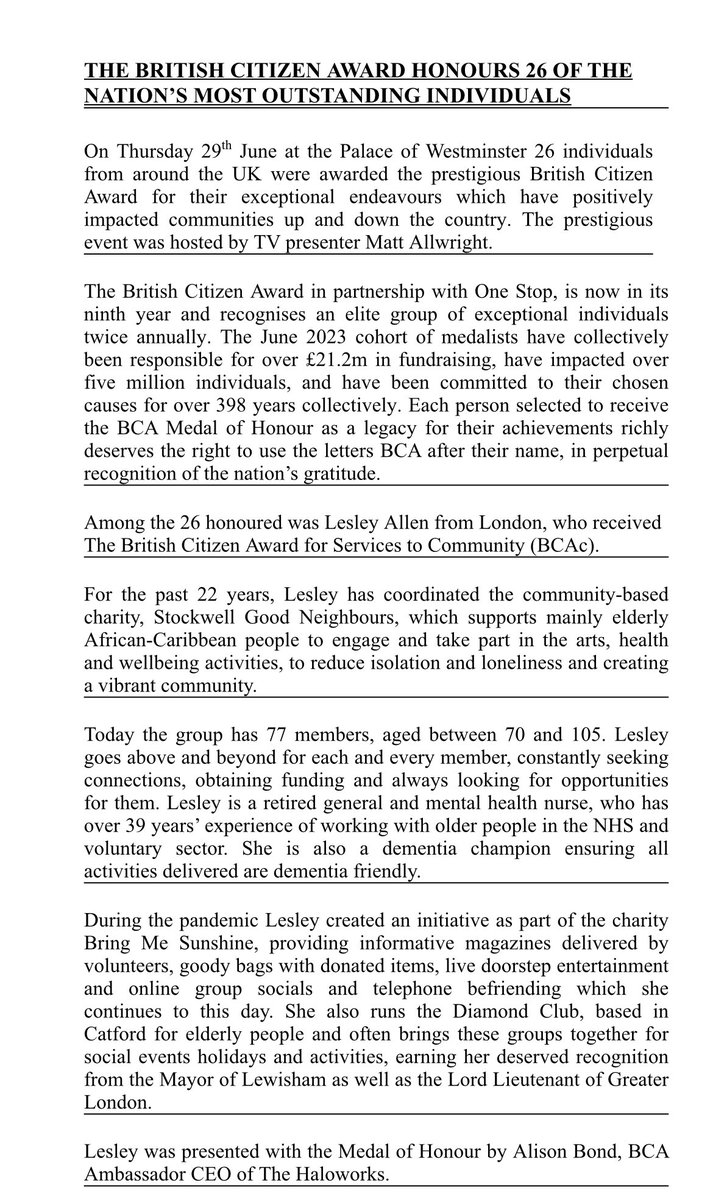 Congratulations to Lesley Allen, awarded her BCA for @CitizenAwards
#BCA2023 #thepeopleshonours Leading Stockwell Good Neighbours for 22 years <a href="/BrxHouseTheatre/">Brixton House</a> - supporting African-Caribbean residents in S London, bringing members to <a href="/QueensTheatreH/">Queen's Theatre Hornchurch</a> <a href="/arts_enterprise/">Enterprise Arts Trust</a> We love her!