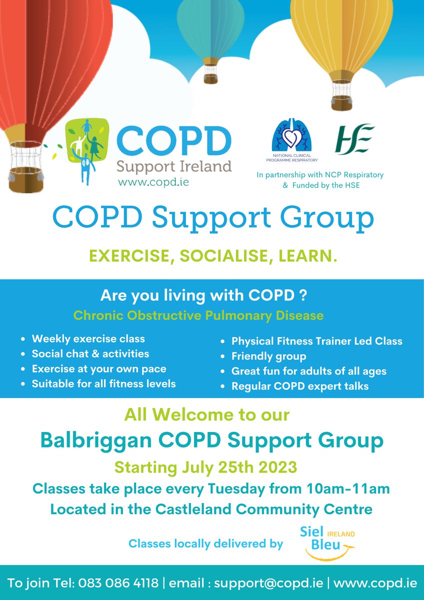 New Support Group coming soon to Balbriggan! If you are living with COPD, please register your interest by emailing support@copd.ie or contact Katie 083 086 4118. <a href="/HSECHODNCC/">HSE CHO DNCC</a> <a href="/CarolinePepSMS/">CarolinePep</a> <a href="/NCPRespiratory1/">@NCPRespiratory</a> <a href="/Anail_Ireland/">Anáil</a> <a href="/SielBleuIreland/">sielbleuireland</a> <a href="/HSELive/">HSE Ireland</a> <a href="/HsehealthW/">HSE Health & Wellbeing</a>