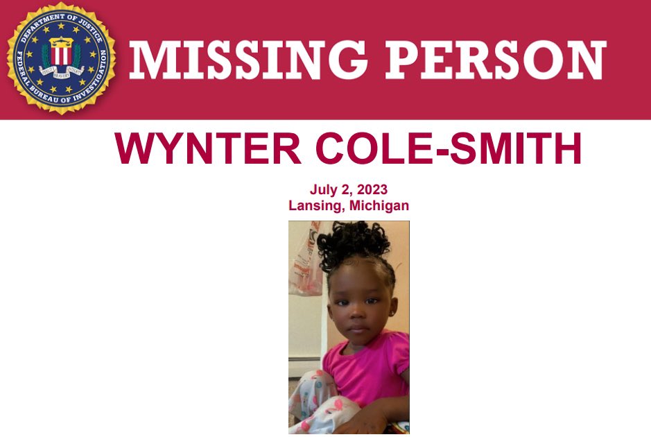 mspmetrodet's tweet photo. Amber Alert: 
Police are continuing to look for Wynter Cole-Smith. The FBI is offering a $25,000 reward for information leading to the location of Wynter. Follow @LansingPolice for updates and if you have a tip or any information please call 800-CALL-FBI https://t.co/416pBYpFQb