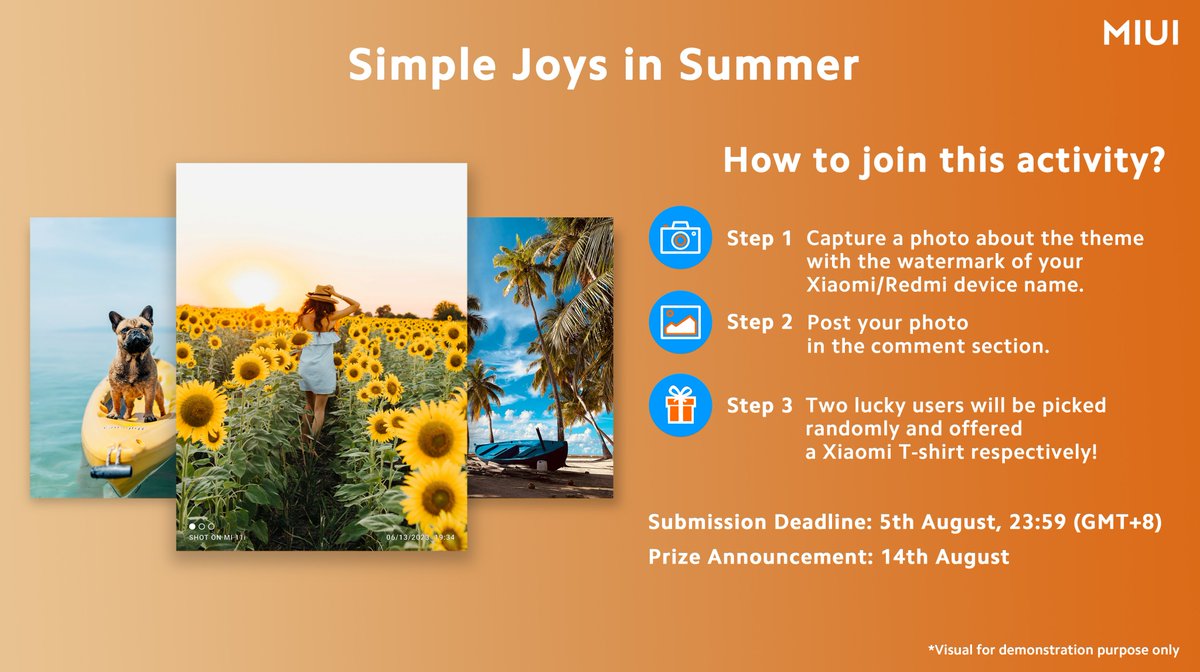 XiaomiHyperOS_'s tweet photo. It is getting hot here recently. What about your place?
💡Speaking of #summer, what's your favorite summer activity? Camping, swimming, sunset watching or BBQ & beers?
Take a photo about the #SimpleJoysinSummer with the watermark of your Xiaomi/Redmi device name and share it in the comment section. Check how to add watermark with this tutorial video 👉https://t.co/a2B7MgQ1tp.
We will pick 2 lucky users from all participants and provide a Xiaomi Fan T-shirt for them respectively! 🎁
Check the poster to know how to participate in detail.👇 
#miui  #Xiaomi  #SimpleJoysinSummer