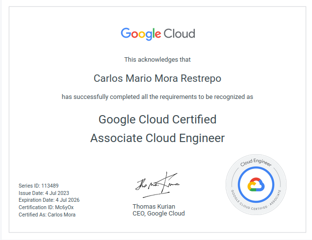 CarlosMoraDev's tweet photo. Now I'am #GoogleCloudCertified 🎉 https://t.co/okkTLW91Af