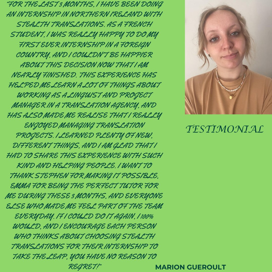 StealthTrans's tweet photo. One of our recent interns, Marion gives her thoughts on the experience. Thanks Marion and good luck with your career. https://t.co/U500ndkpOR