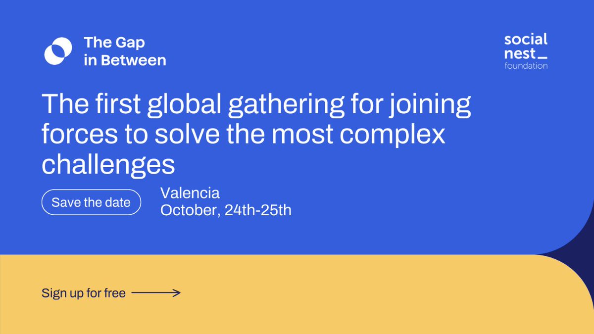 📆Save the date! The first global gathering for joining forces to solve the most complex challenges is taking place on October 24-25 in Valencia⚡️

✊Take part and let's create a better future together at #TheGIB

Register for free now!👉thegapinbetween.com