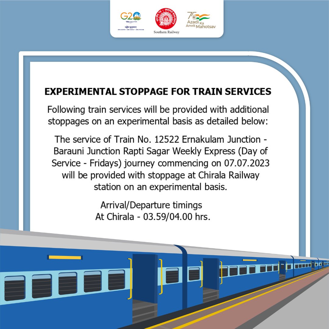 DRMPalghat's tweet photo. 📢EXPERIMENTAL STOPPAGE FOR TRAIN SERVICES
Passengers please be informed that the following train services will be provided with additional stoppages on an experimental basis as detailed below.
Plan your journey accordingly.
#DRMPalghat #Trainupdates #Trainservices #Railalerts https://t.co/FiFYUWNDmD
