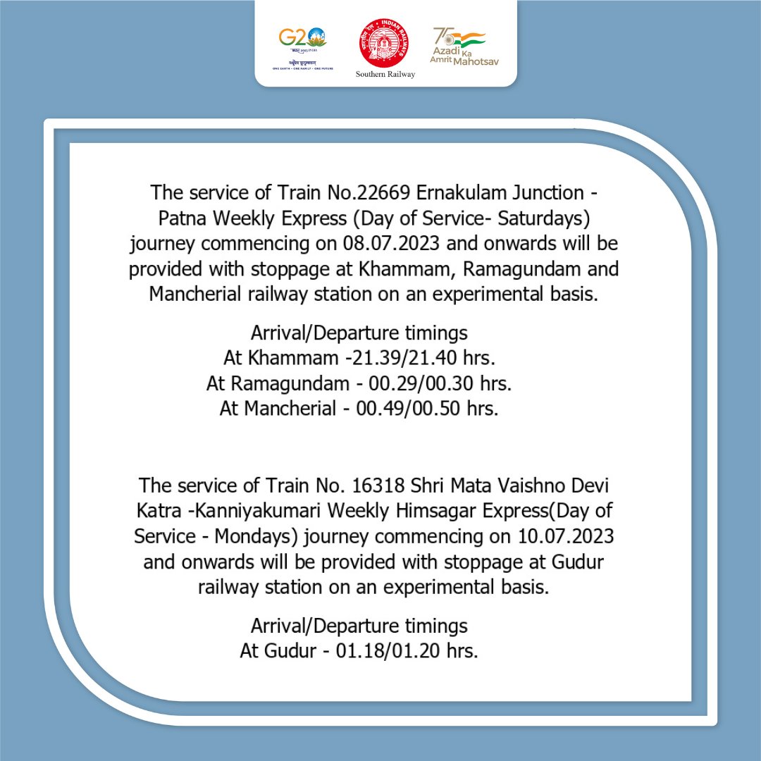 DRMPalghat's tweet photo. 📢EXPERIMENTAL STOPPAGE FOR TRAIN SERVICES
Passengers please be informed that the following train services will be provided with additional stoppages on an experimental basis as detailed below.
Plan your journey accordingly.
#DRMPalghat #Trainupdates #Trainservices #Railalerts https://t.co/FiFYUWNDmD