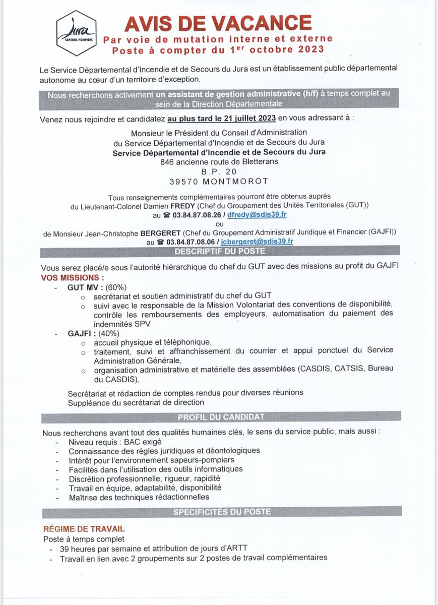 [Recrutement] 

Le <a href="/sdis39/">SDIS du Jura</a>  recherche activement un assistant de gestion administrative (h/f) au sein de la direction départementale. 

🗓️ Poste à pourvoir au 1er octobre 2023. 
#ContactezNous au plus vite. 

<a href="/PompiersFR/">Pompiers de France</a> <a href="/SecCivileFrance/">Sécurité Civile</a>