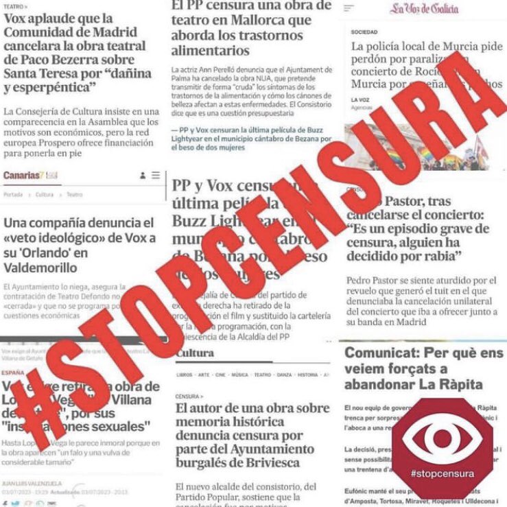 KatrinVankova's tweet photo. Lxs profesionales del mundo de la cultura queremos denunciar el retorno de la censura que está atentando contra la libertad de expresión, un derecho consolidado social y democráticamente en nuestra Constitución. SIN CULTURA NO HAY DEMOCRACIA!!!!!!!!! #stopcensura https://t.co/xZYuQdIuFT