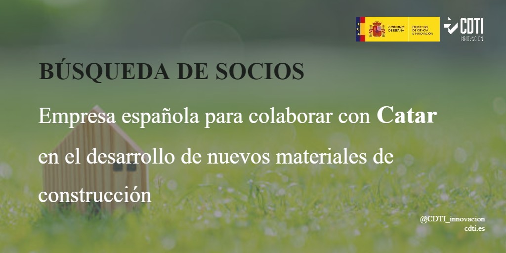 CDTI_innovacion's tweet photo. 🇪🇸🇶🇦 Búsqueda de empresa española para proyecto de I+D con la empresa catarí @GORDMENA sobre desarrollo de nuevos materiales de construcción así como la reutilización deshechos, en el marco de la 1ª convocatoria bilateral #EspañaCatar #QASIP👇
+ info ➡️ https://t.co/XcBg0NiRLZ https://t.co/XpdSILEWDO
