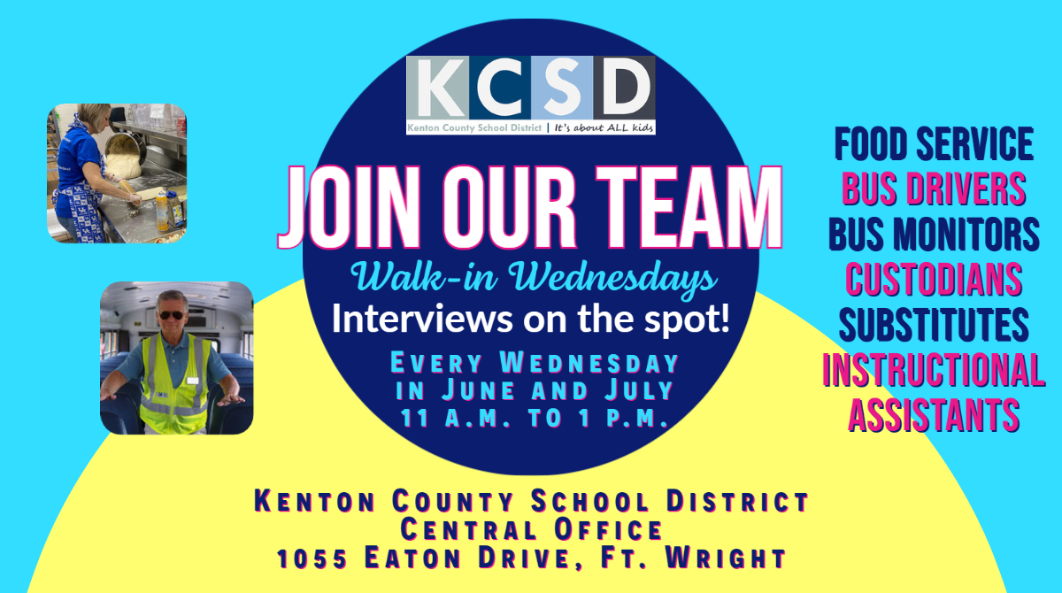 TheKCSD's tweet photo. Today is Walk-in Wednesday! Join us at Central Office (1055 Eaton Dr.) from 11 to 1 p.m. and learn more about joining #TeamKenton! https://t.co/hLBIXcefw8
