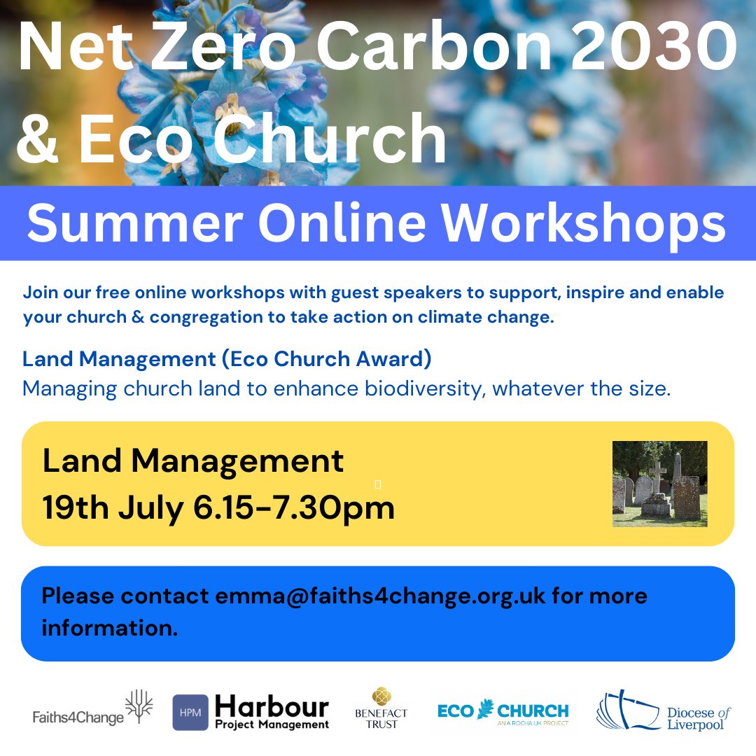 Free online workshop - Land Management 19th July, 6:15-7.30pm Thank you to everyone who joined our Youth Engagement workshop on last week. The final workshop in this series looks at how to manage your church land to improve biodiversity Register now: bit.ly/43pKHov