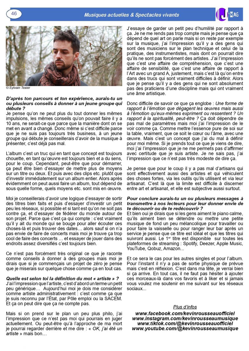 attentiontalent's tweet photo. Retrouvez le J'Mag #47 (31/05/23) et ses 23 interviews en téléchargement sur https://t.co/1J7h00672U et https://t.co/Hz2lfeNDY8 ou https://t.co/9HoGnLHLDK !
Kevin Rousseau (Musique instrumentale)😀
Bonne lecture ! 😉 https://t.co/4InkokZxhd