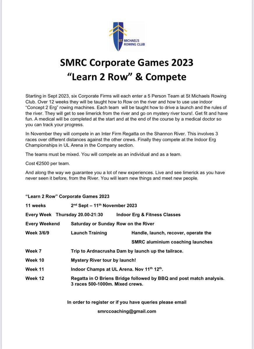 Smrc_rowing's tweet photo. Introducing our new Corporate Rowing Games 🙌🏼

Register now to be one of the 6 corporate teams and begin your journey of seeing Limerick from the river and learning new skills along the way 

Email smrccoaching@gmail.com for any more details ✨ https://t.co/39t8gHX8i3