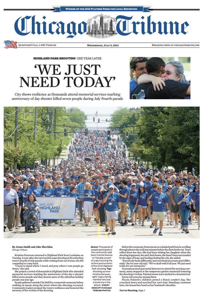 On the front page of today’s Chicago Tribune: a powerful story on the anniversary of Highland Park by Duke student Jenna Smith and Duke alum @JakeSheridan_