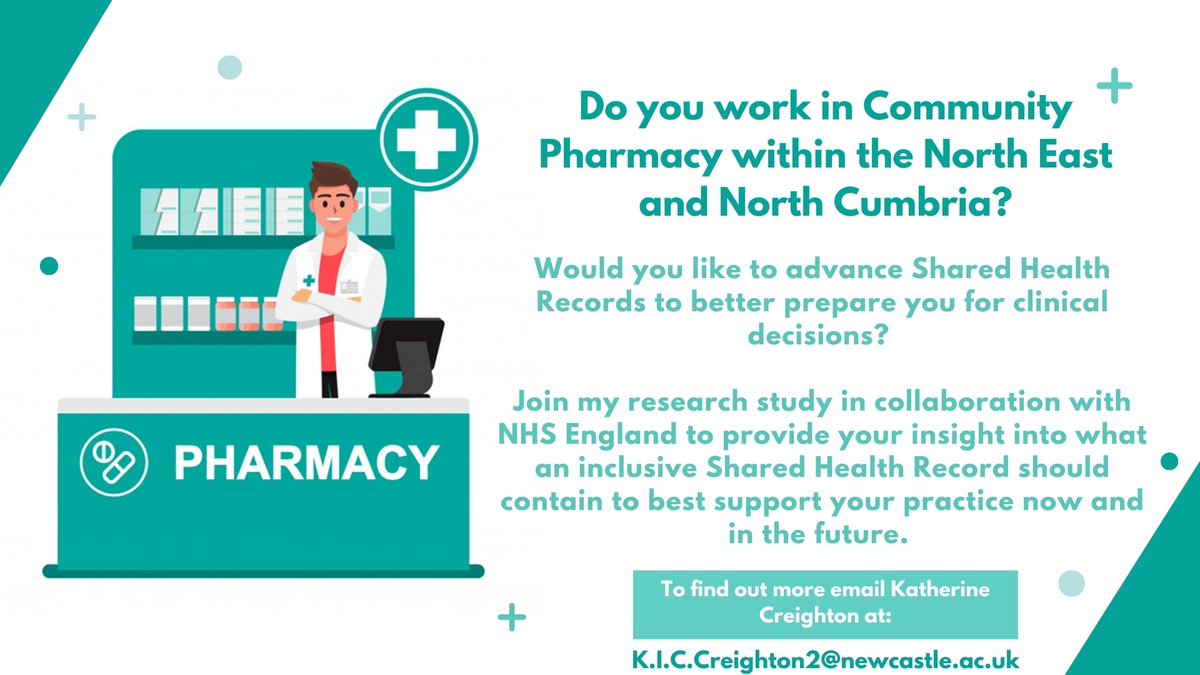 Excited to announce that I am working with @NCL_Pharmacy to interview Community Pharmacists about their perspectives on Shared Health Records. If you are interested in this opportunity it would be great to hear from you! Interviews last ~20 mins.