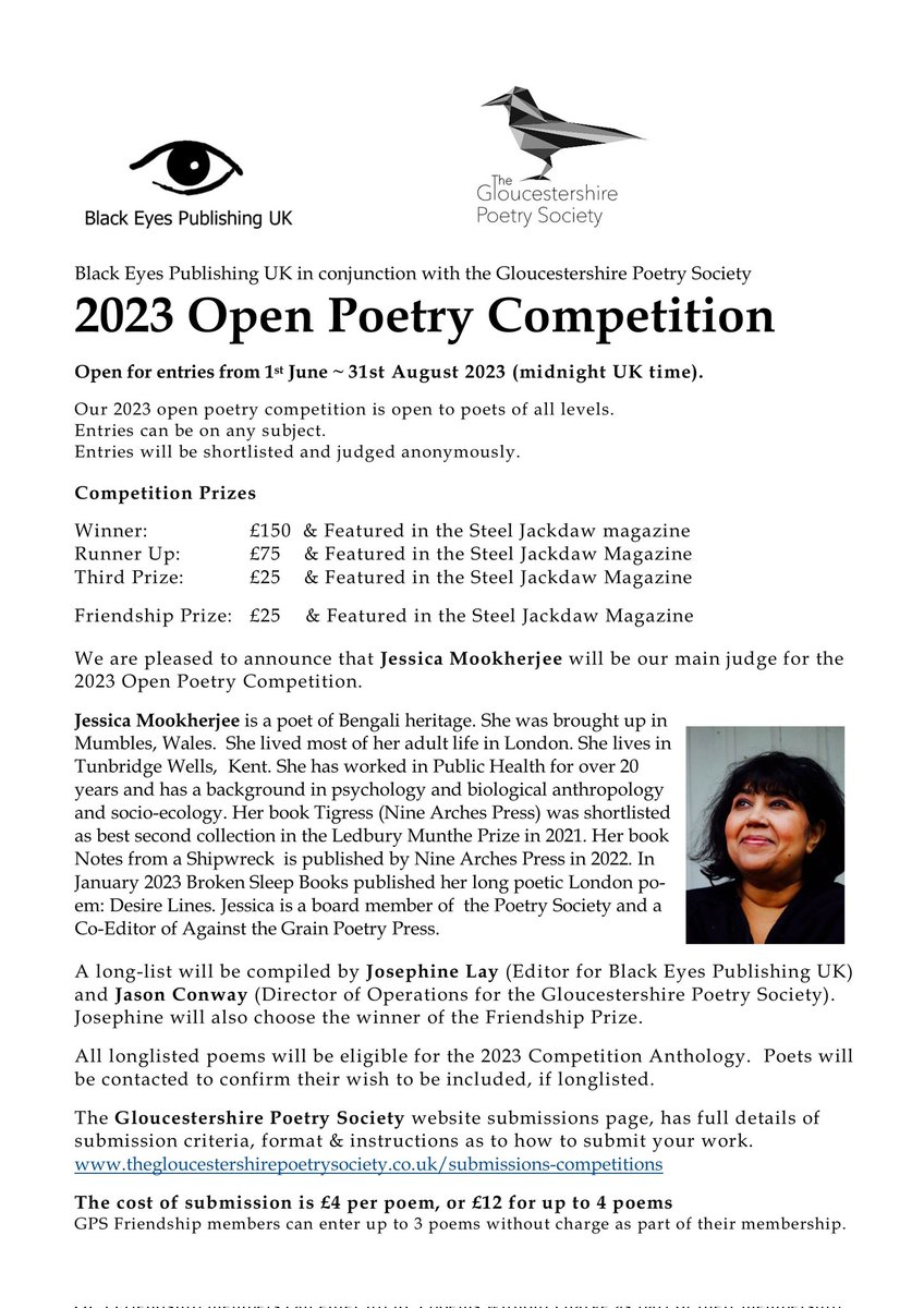 Josephine Lay (@josephinerlay) on Twitter photo Month 2 of GPS Summer Open Poetry Competition 2023 - only 3 months submission period, long-listed poets invited to publish poem in GPS Anthology !
<a href="/GlosPoetSociety/">The Gloucestershire Poetry Society</a> <a href="/GloPoeFest/">Gloucester Poetry Festival</a> <a href="/GWNgloswriters/">Glos Writers Network</a> <a href="/Cheltpoetfest/">CheltenhamPoetryFest</a>
<a href="/LyraFest/">Lyra Bristol Poetry</a>
<a href="/Worcs_SpeakEasy/">Worcester SpeakEasy</a> @ledburyfest
#poetrycompetitions Month 2 of GPS Summer Open Poetry Competition 2023 - only 3 months submission period, long-listed poets invited to publish poem in GPS Anthology !
<a href="/GlosPoetSociety/">The Gloucestershire Poetry Society</a> <a href="/GloPoeFest/">Gloucester Poetry Festival</a> <a href="/GWNgloswriters/">Glos Writers Network</a> <a href="/Cheltpoetfest/">CheltenhamPoetryFest</a>
<a href="/LyraFest/">Lyra Bristol Poetry</a>
<a href="/Worcs_SpeakEasy/">Worcester SpeakEasy</a> @ledburyfest
#poetrycompetitions